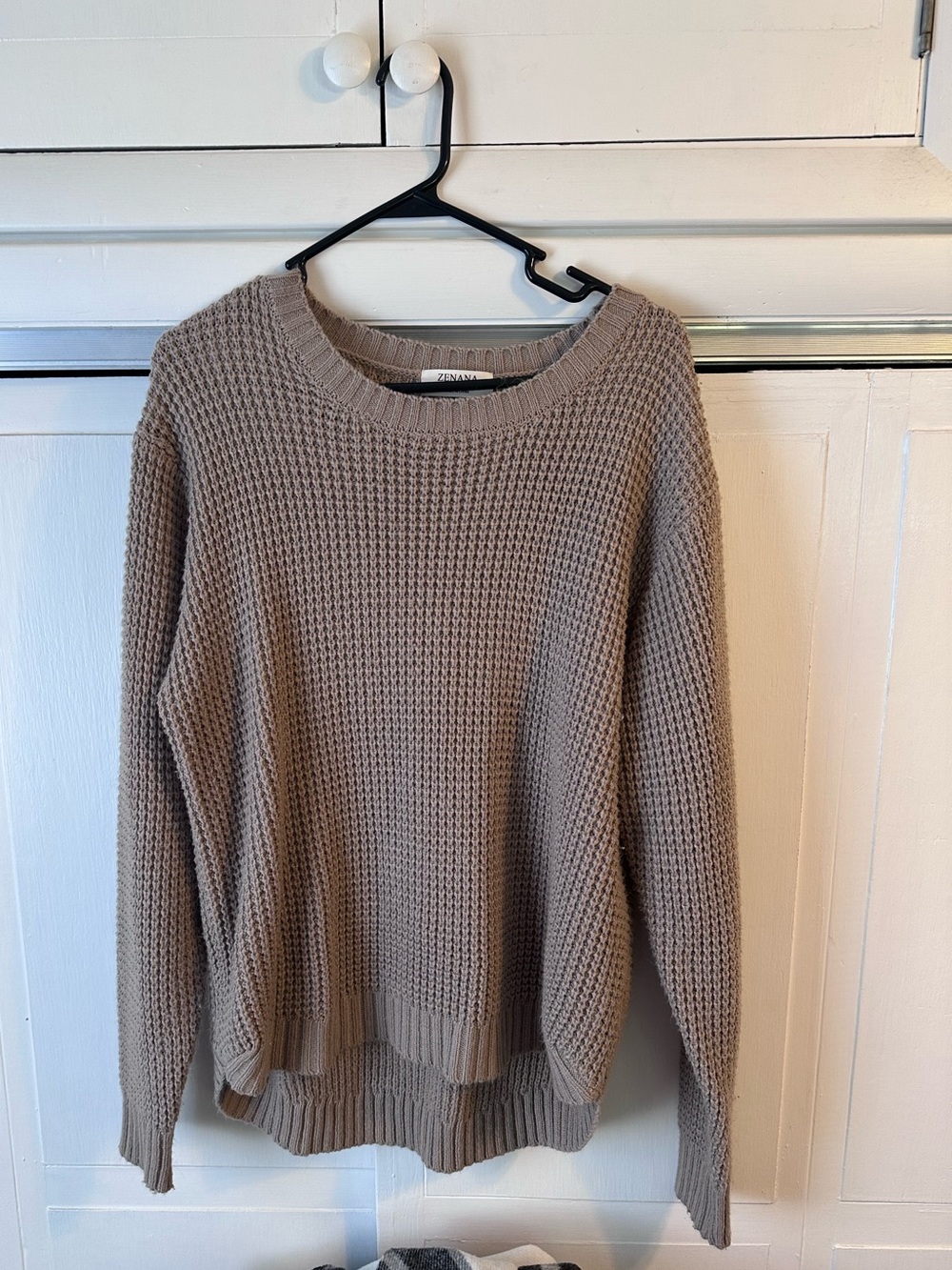 Zenana Taupe Waffle-Knit Crewneck Sweater - Women's